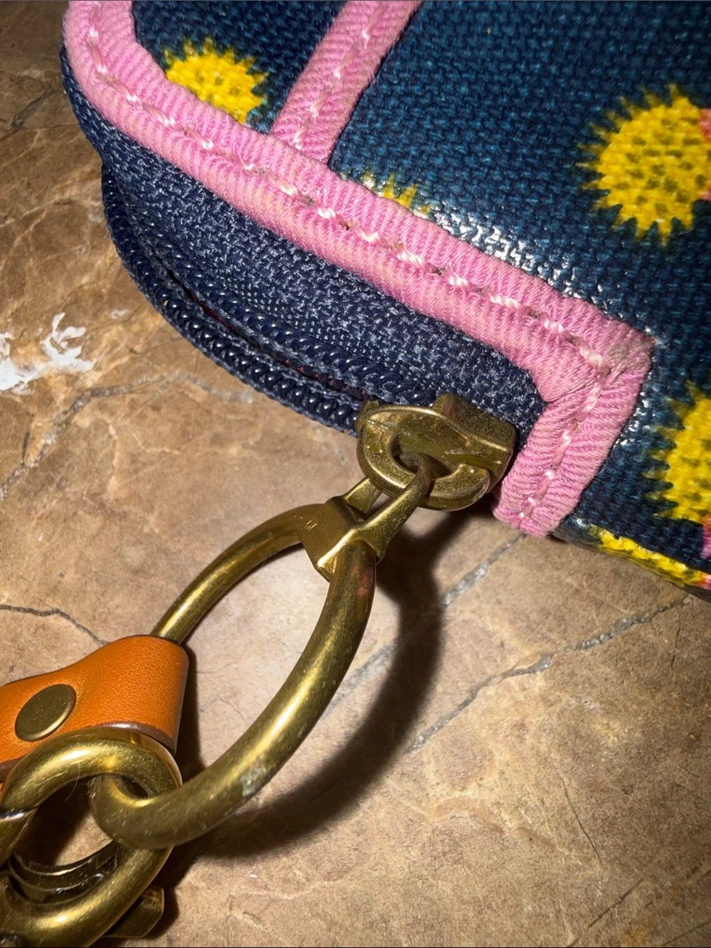 Retired Fossil Navy Phone Wristlet with Yellow Hedgehog Print and Pink Trim